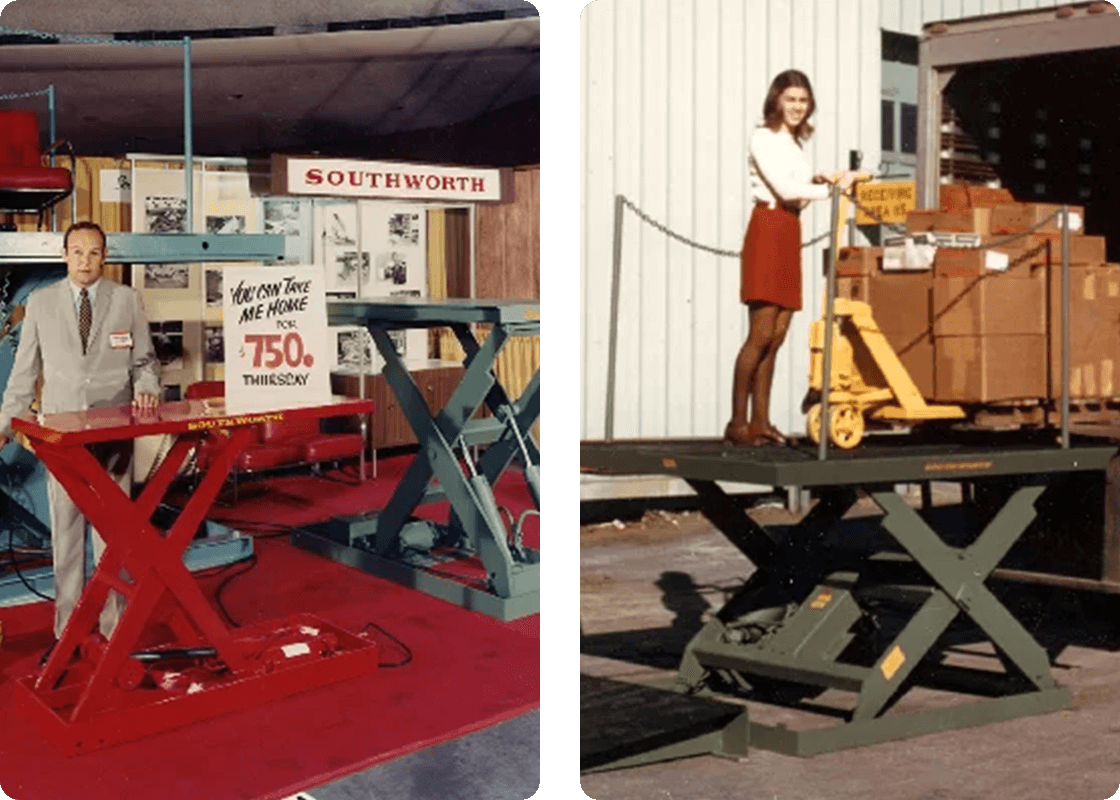 Lift tables at a trade show and a woman standing on a dock lift